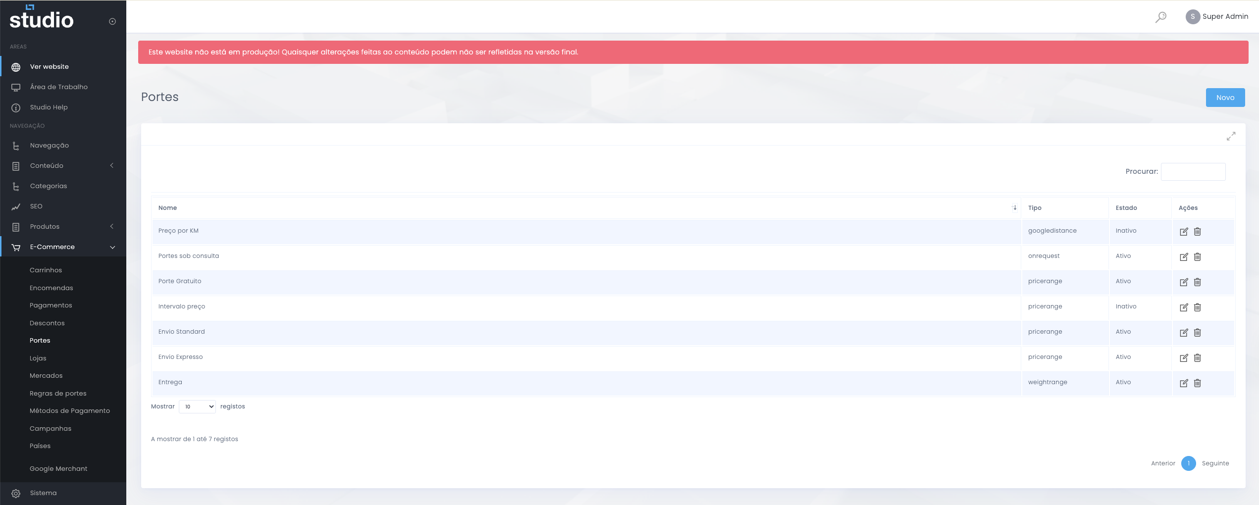 Listagem de portes no E-commerce do Studio CMS